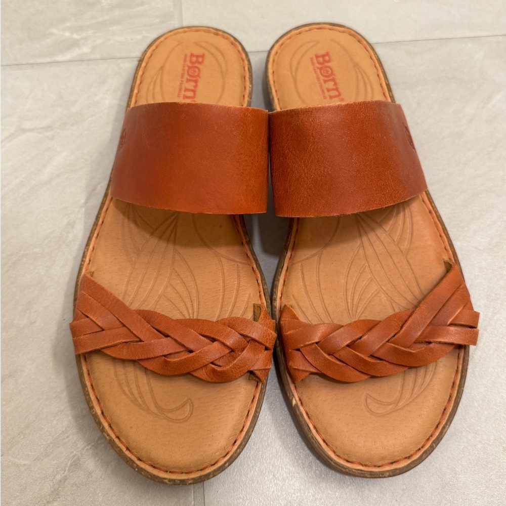 Born Women’s Cognac Brown Braided Leather Slide Sandals